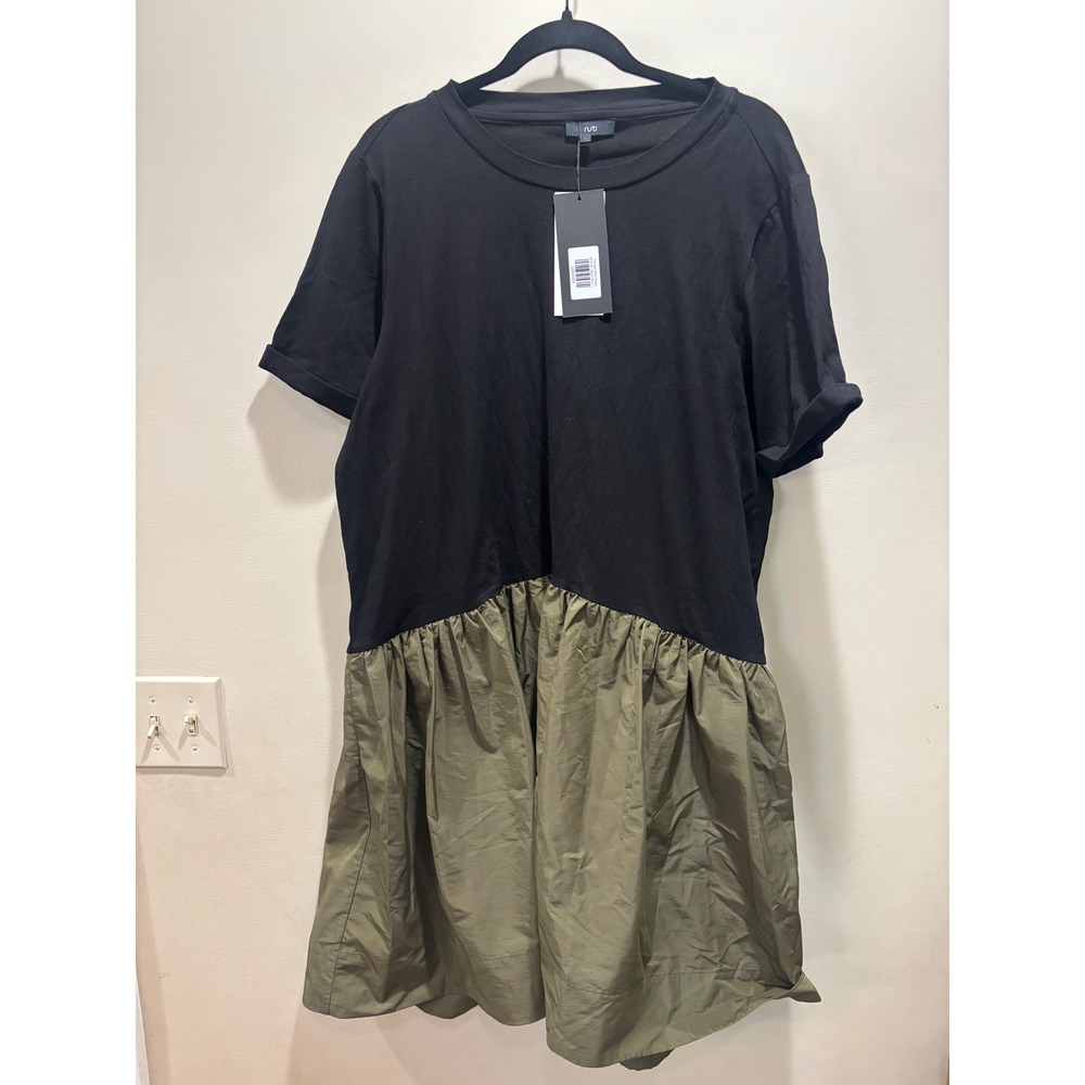 NWT Ruti The Zero Effort Dress Black Olive Green Mixed Media Drop Waist Large